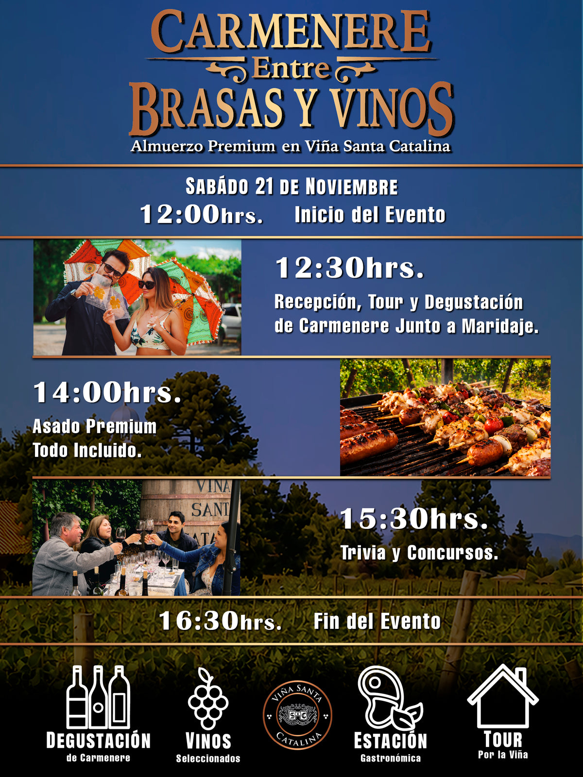 Carménère: Entre Brasas y Vinos | Almuerzo Premium – Preventa 1 | Sábado 21 de noviembre de 2026  12:00 a 16:30 hrs.