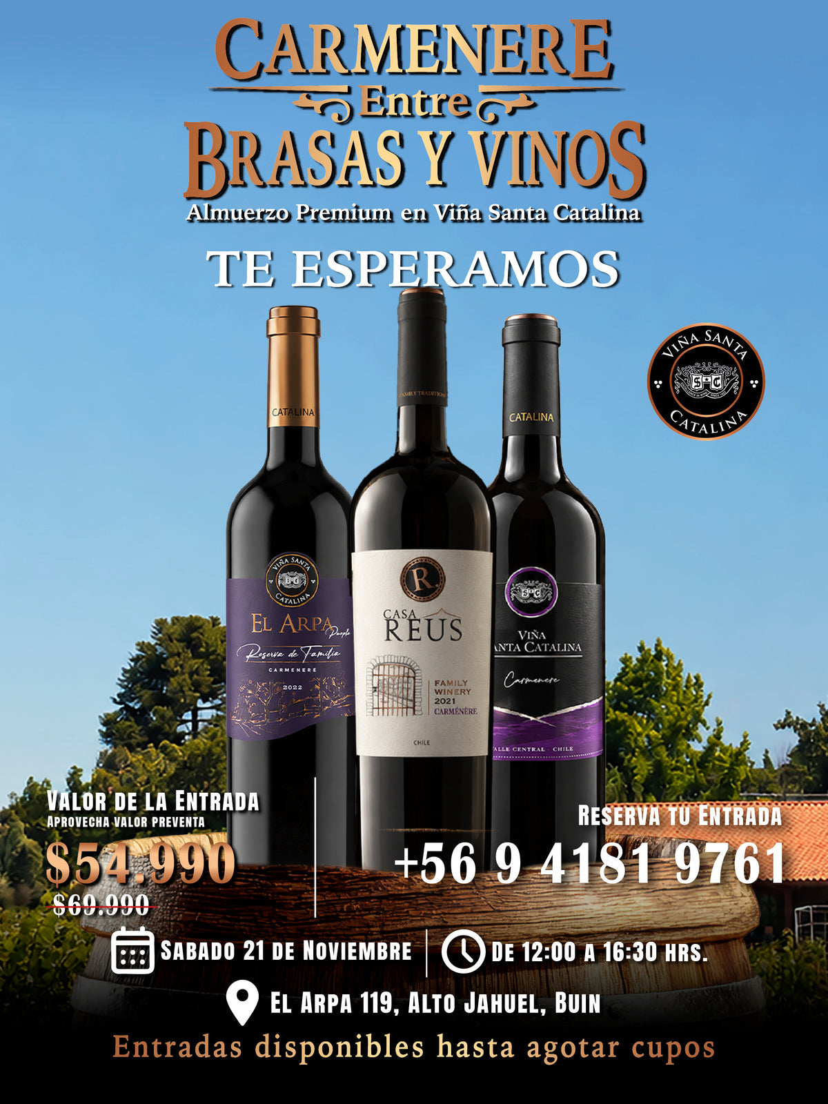 Carménère: Entre Brasas y Vinos | Almuerzo Premium – Preventa 1 | Sábado 21 de noviembre de 2026  12:00 a 16:30 hrs.
